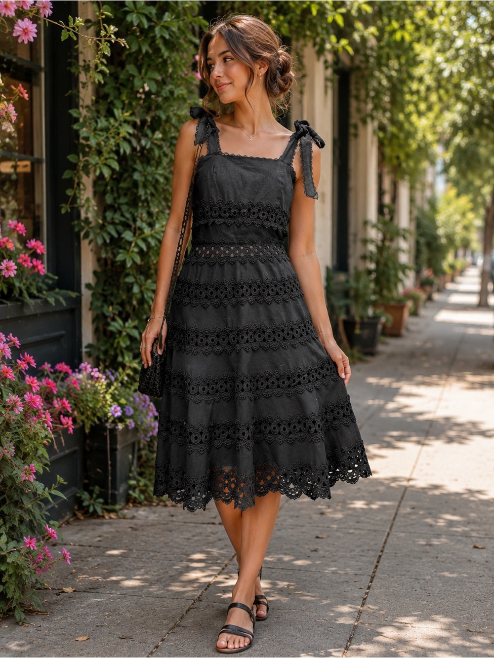Goodnight Macaroon Black Eyelet Tie-Strap Midi Dress